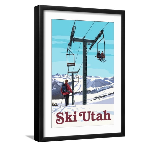 Art.com Ski Utah - Ski Lift Day Scene Art Print by Lantern Press, Black Frame Wall Art, 17" x 23"