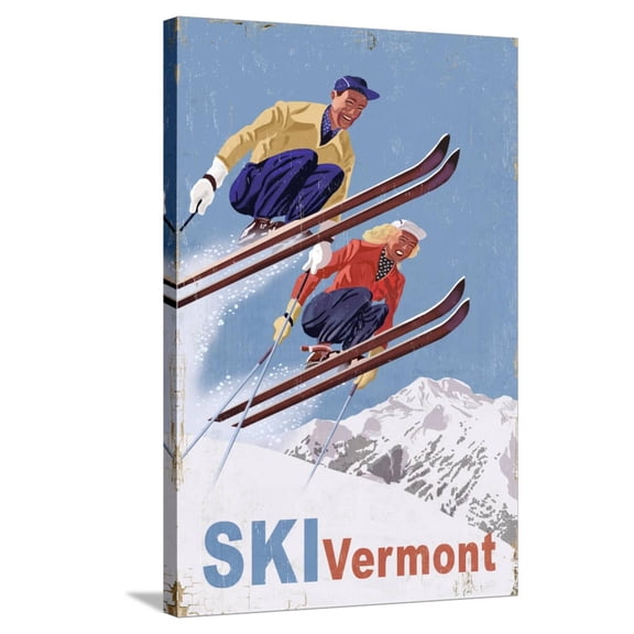 Art.com Ski Vermont - Vintage Skiers Stretched Canvas Print Wall Art by Lantern Press, 24" x 36"