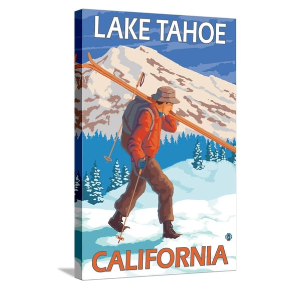 Art.com Skier Carrying Snow Skis, Lake Tahoe, California Stretched Canvas Print Wall Art by Lantern Press, 16" x 24"