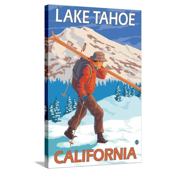 Art.com Skier Carrying Snow Skis, Lake Tahoe, California Stretched Canvas Print Wall Art by Lantern Press, 24" x 36"