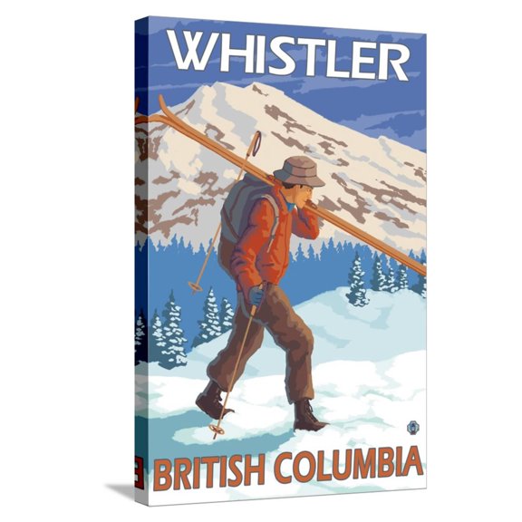Art.com Skier Carrying Snow Skis, Whistler, BC Canada Stretched Canvas Print Wall Art by Lantern Press, 16" x 24"