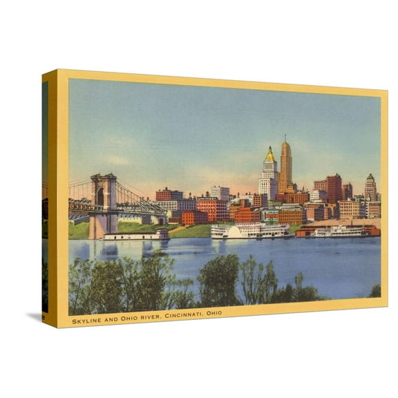 Art.com Skyline and Ohio River, Cincinnati, Ohio Stretched Canvas Print Wall Art, 18" x 12"