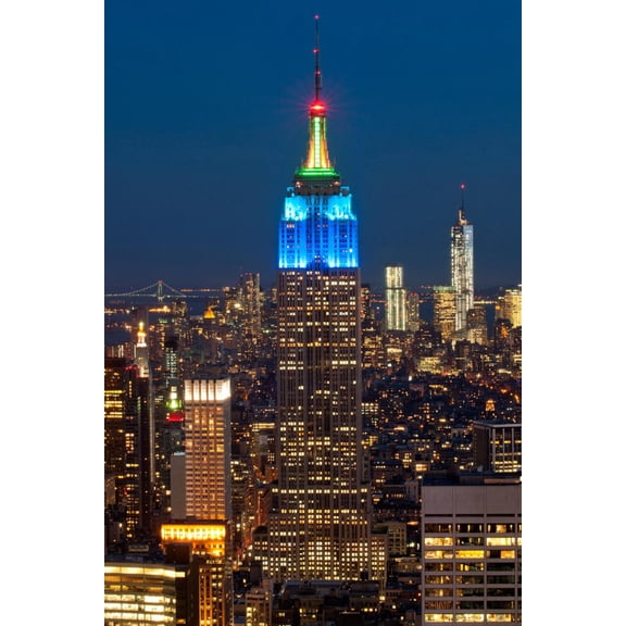 Art.com Skyscrapers Lit Up at Night in a City, Empire State Building, Manhattan, New York City Photographic Print, 24" x 36"