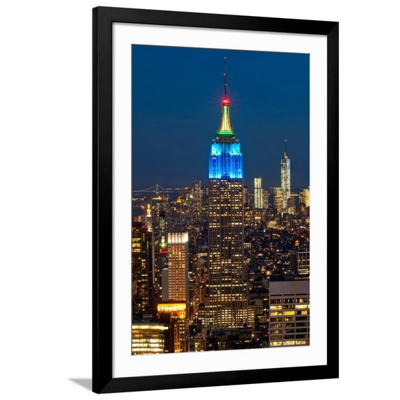Art.com Skyscrapers Lit Up at Night in a City, Empire State Building, Manhattan, New York City Photographic Print, Black Frame Wall Art, 32" x 44"