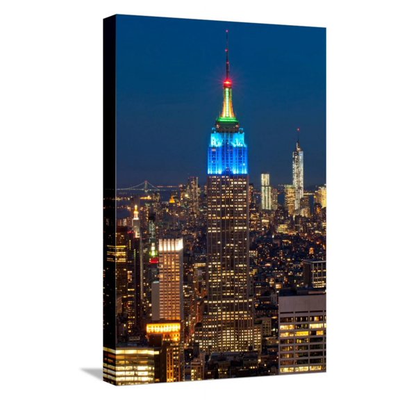 Art.com Skyscrapers Lit Up at Night in a City, Empire State Building, Manhattan, New York City Stretched Canvas Print Wall Art, 12" x 18"