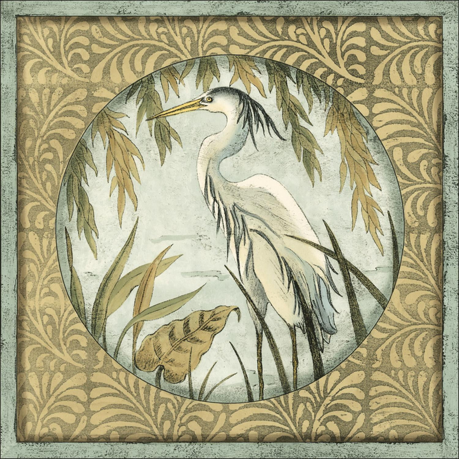 24" Square Framed Canvas Art with Heron in Tan and Green