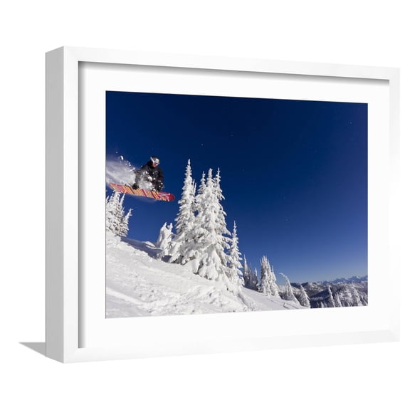 Art.com Snowboarding Action at Whitefish Mountain Resort in Whitefish, Montana, USA Photographic Print by Chuck Haney, White Frame Wall Art, 21" x 17"