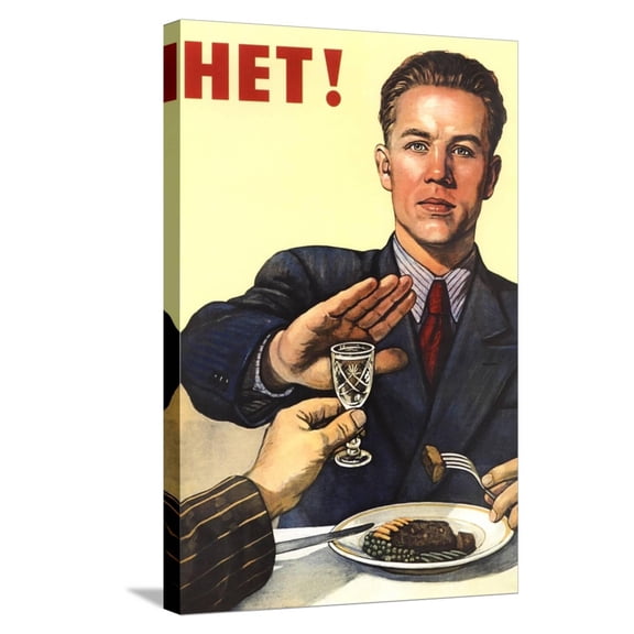 Art.com Soviet Union history print of a man refusing a drink, related to anti-alcohol propaganda. Stretched Canvas Print Wall Art by Vernon Lewis Gallery, 16" x 24"