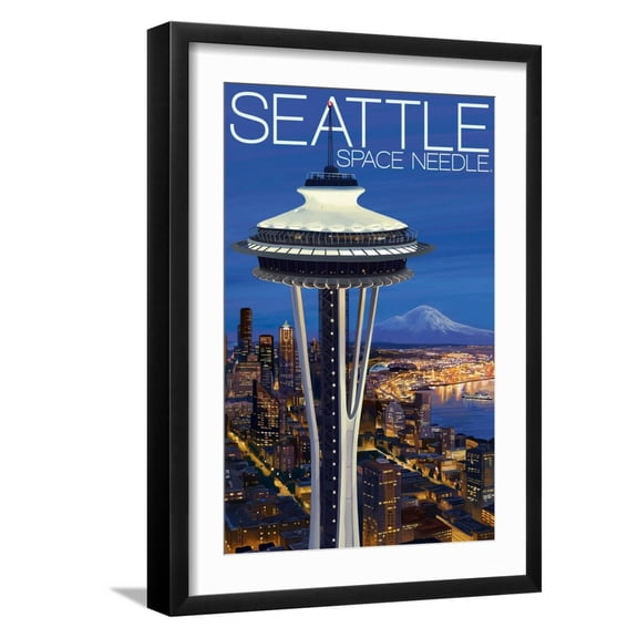 Art.com Space Needle Aerial View - Seattle, WA Art Print by Lantern Press, Black Frame Wall Art, 17" x 23"
