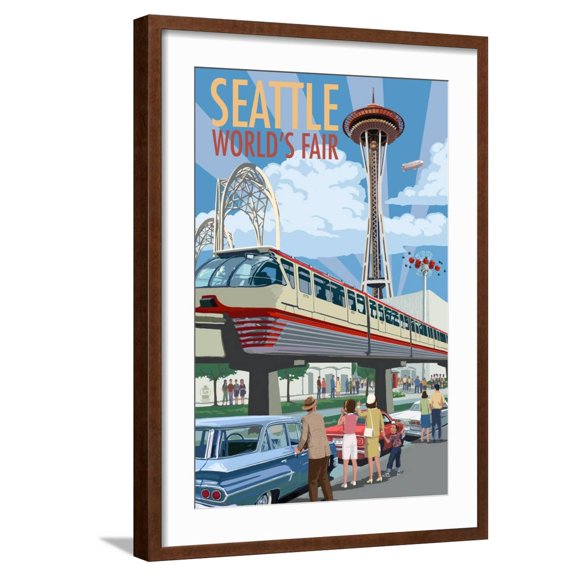 Art.com Space Needle Opening Day Scene - Seattle, WA Art Print by Lantern Press, Brown Frame Wall Art, 21" x 29"