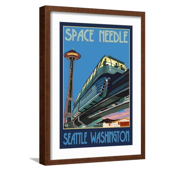 Art.com Space Needle and Monorail, Seattle, Washington Art Print by Lantern Press, Brown Frame Wall Art, 17" x 23"