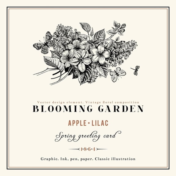 Art.com Spring Vector Vintage Floral Background Black and White Composition of Branches of Lilac and Apple Art Print by Olga Korneeva, 24" x 24"