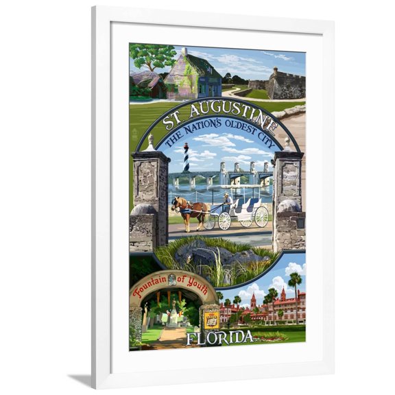 Art.com St. Augustine, Florida - Montage Scenes Art Print by Lantern Press, White Frame Wall Art, 32" x 44"