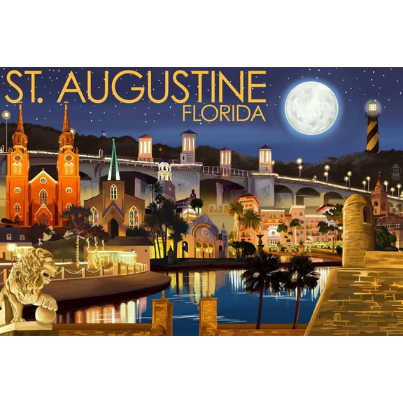 Art.com St. Augustine, Florida - Night Scene Art Print by Lantern Press, 24" x 16"