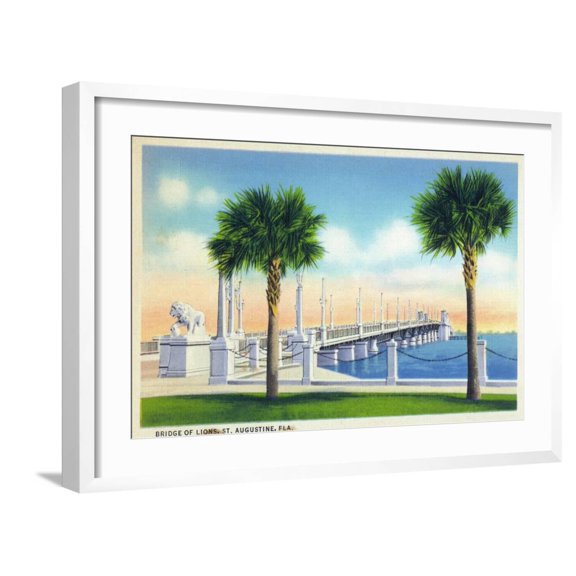 Art.com St. Augustine, Florida, View of the Bridge of Lions Art Print by Lantern Press, White Frame Wall Art, 29" x 21"