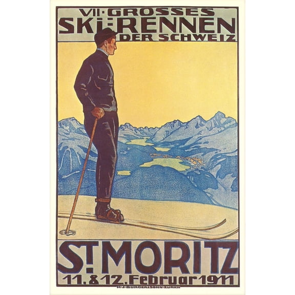 Art.com St. Moritz Ski Run, Art Deco Art Print, 12" x 18"