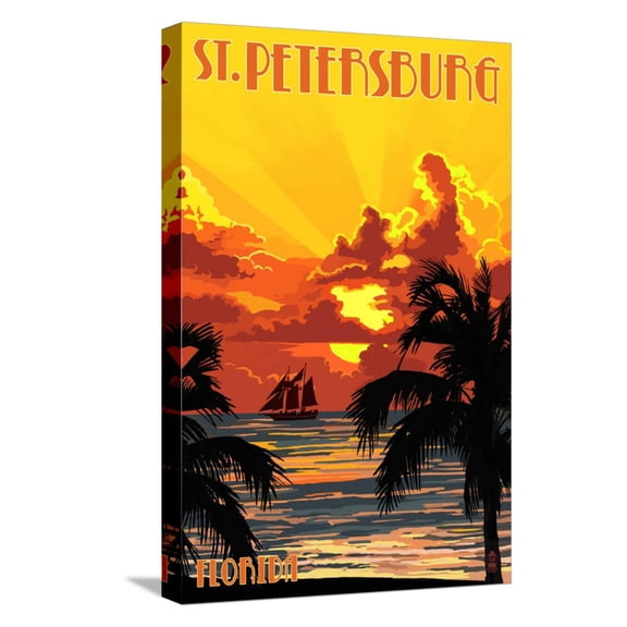 Art.com St. Petersburg, Florida - Sunset and Ship Stretched Canvas Print Wall Art by Lantern Press, 12" x 18"