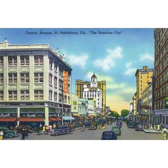 Art.com St. Petersburg, Florida - View Down Central Avenue Art Print by Lantern Press, 18" x 12"
