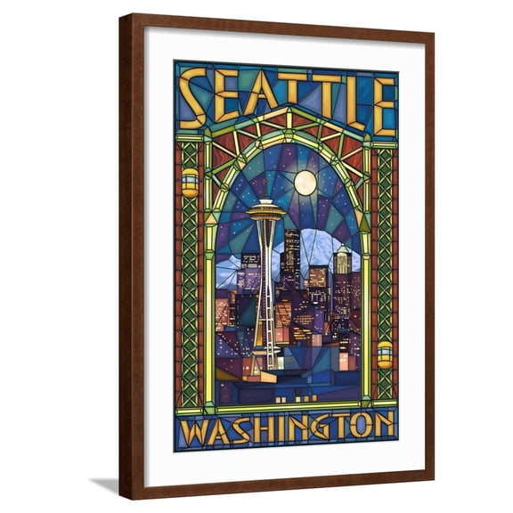 Art.com Stained Glass Window - Seattle, WA Art Print by Lantern Press, Brown Frame Wall Art, 21" x 29"