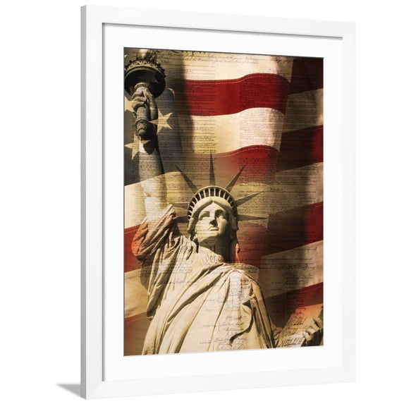 Art.com Statue of Liberty and American Flag Photographic Print by Joseph Sohm, White Frame Wall Art, 32" x 40"