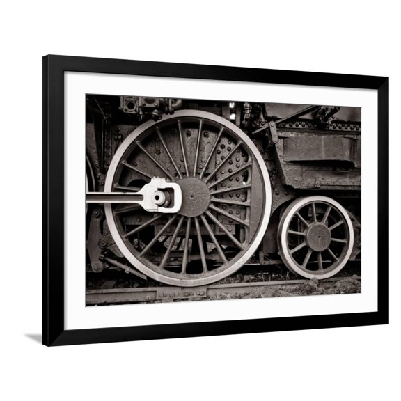 Art.com Steam Locomotive Wheel Detail In Warm Black And White Art Print by mishoo, Black Frame Wall Art, 44" x 32"