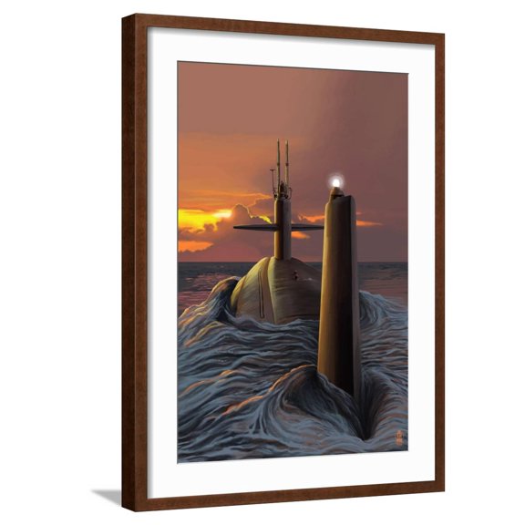 Art.com Submarine and Sunset Art Print by Lantern Press, Brown Frame Wall Art, 21" x 29"