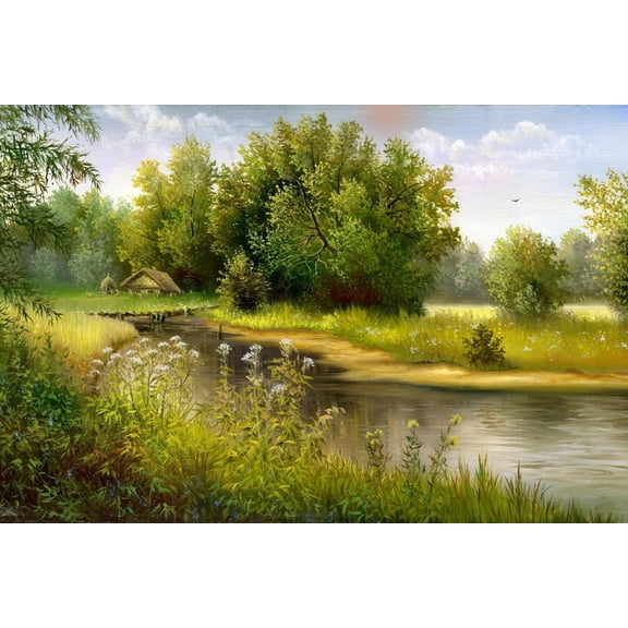 Art.com Summer Wood Lake With Trees And Bushes Art Print by balaikin2009, 36" x 24"