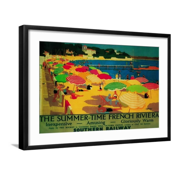 Art.com Summertime French Riviera Vintage Poster - Europe Art Print by Lantern Press, Black Frame Wall Art, 29" x 21"