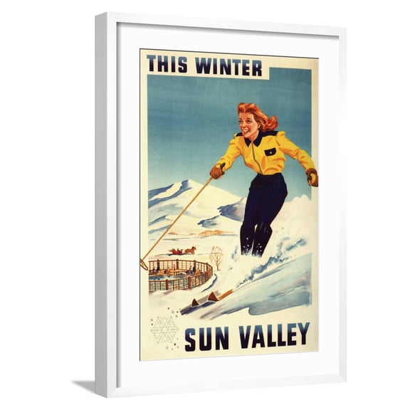 Art.com Sun Valley, Idaho - Red-headed Woman Smiling and Skiing Poster Art Print by Lantern Press, White Frame Wall Art, 21" x 29"