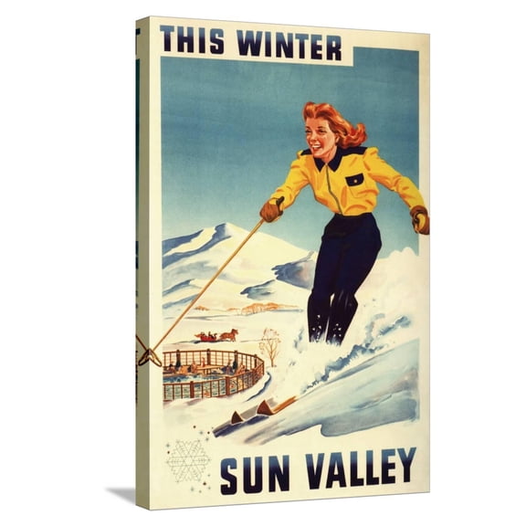Art.com Sun Valley, Idaho - Red-headed Woman Smiling and Skiing Poster Stretched Canvas Print Wall Art by Lantern Press, 16" x 24"