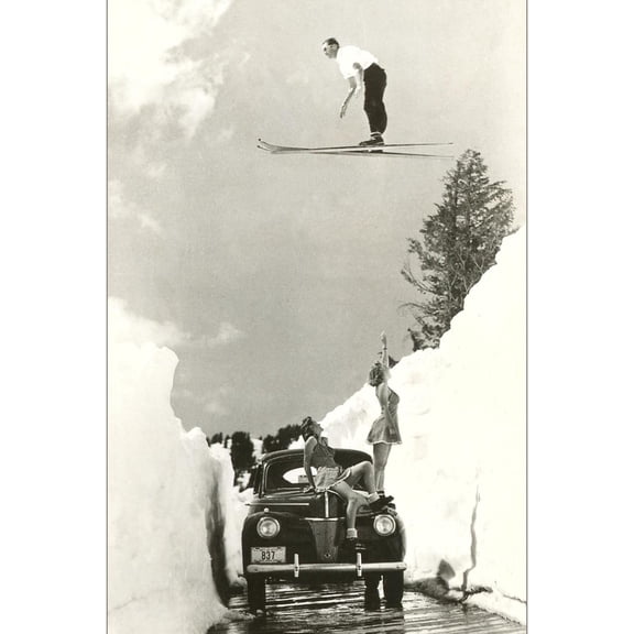 Art.com Sun Valley, Idaho, Ski Jumper Over Car Art Print, 12" x 18"