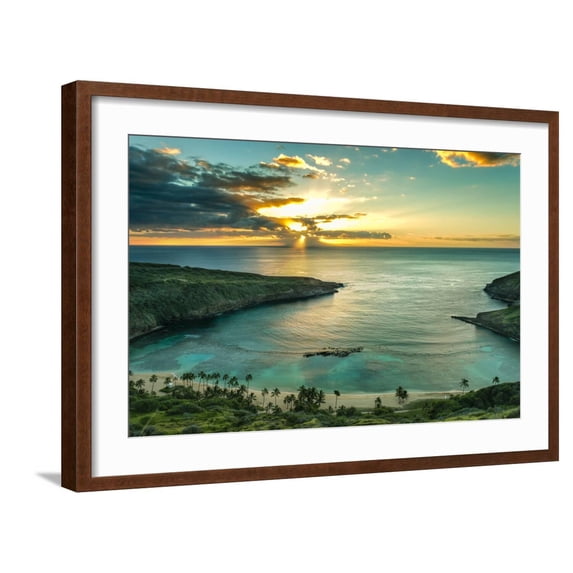Art.com Sunrise over Hanauma Bay on Oahu, Hawaii Photographic Print by Leigh Anne Meeks, Brown Frame Wall Art, 29" x 21"