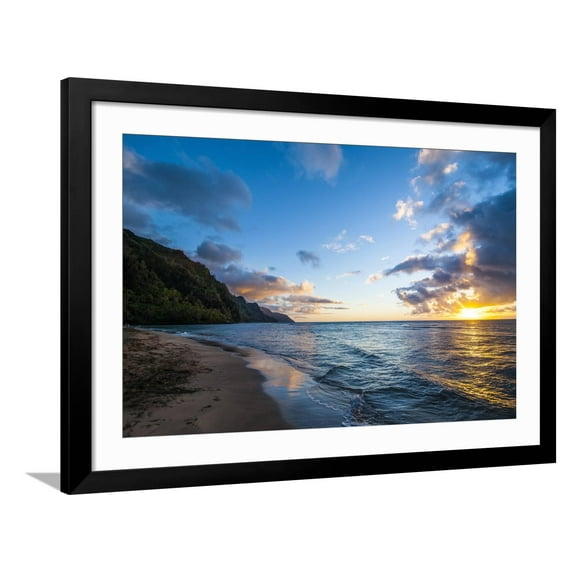Art.com Sunset on the Napali Coast, Kauai, Hawaii,United States of America, Pacific Photographic Print by Michael Runkel, Black Frame Wall Art, 44" x 32"