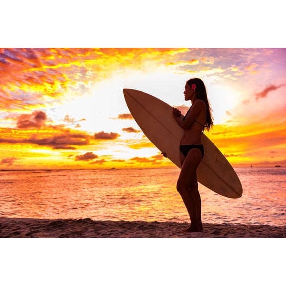 Art.com Surfer Bikini Girl on Hawaii Beach Holding Surf Board Watching Ocean Waves at Sunset. Silhouette Of Photographic Print by Maridav, 18" x 12"