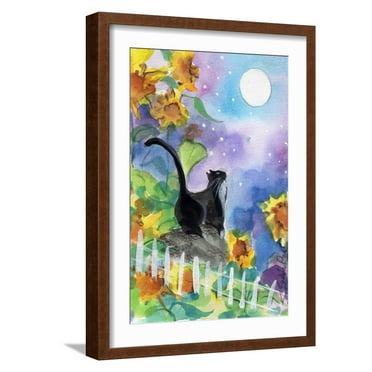Art.com TUXEDO CAT MOONLIGHT SUNFLOWERS Art Print by sylvia pimental, Brown Frame Wall Art, 17" x 23"