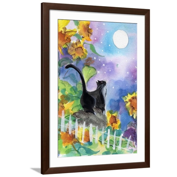 Art.com TUXEDO CAT MOONLIGHT SUNFLOWERS Art Print by sylvia pimental, Brown Frame Wall Art, 32" x 44"