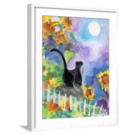 Art.com TUXEDO CAT MOONLIGHT SUNFLOWERS Art Print by sylvia pimental, White Frame Wall Art, 23" x 29"