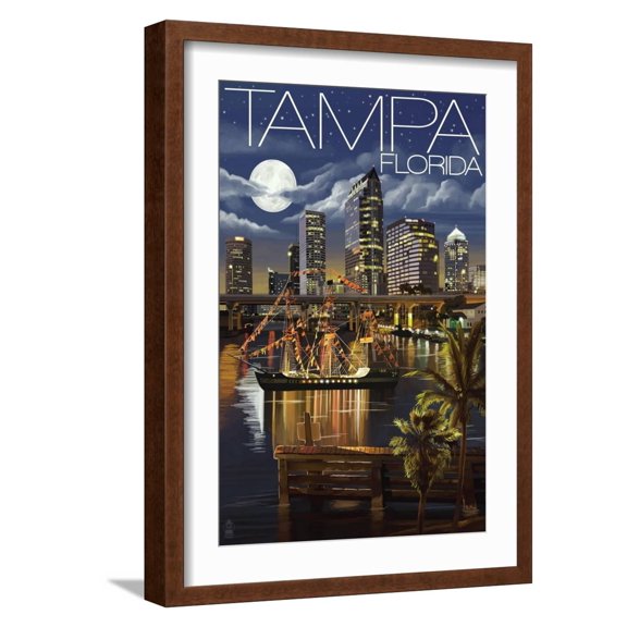 Art.com Tampa, Florida - Skyline at Night Art Print by Lantern Press, Brown Frame Wall Art, 17" x 23"