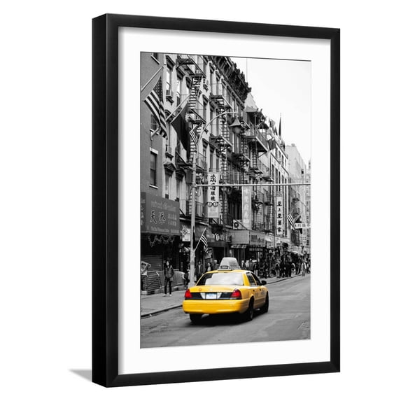 Art.com Taxi Cabs - Chinatown - Yellow Cabs - Manhattan - New York City - United States Photographic Print by Philippe Hugonnard, Black Frame Wall Art, 17" x 23"