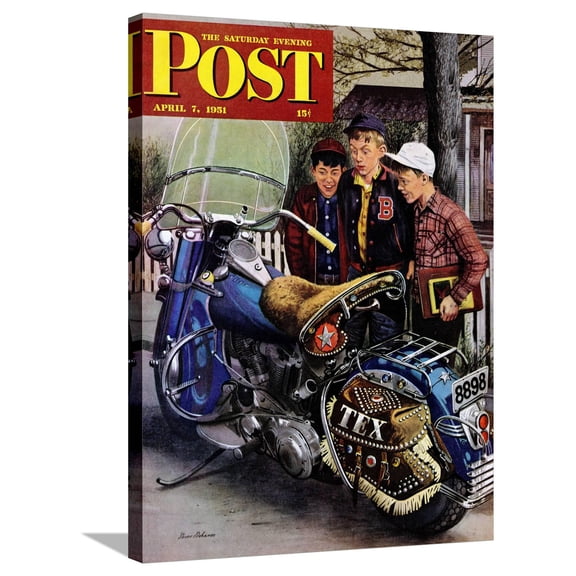 Art.com Tex's Motorcycle Saturday Evening Post Cover, April 7, 1951 Stretched Canvas Print Wall Art by Stevan Dohanos, 24" x 32"
