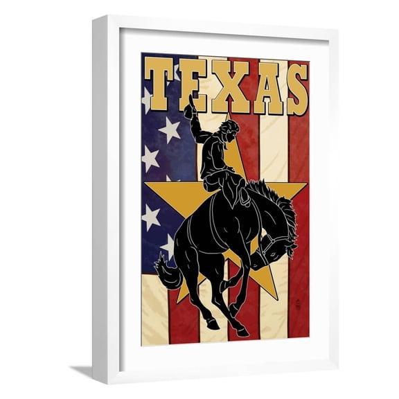Art.com Texas - Cowboy with Bucking Bronco Art Print by Lantern Press, White Frame Wall Art, 17" x 23"