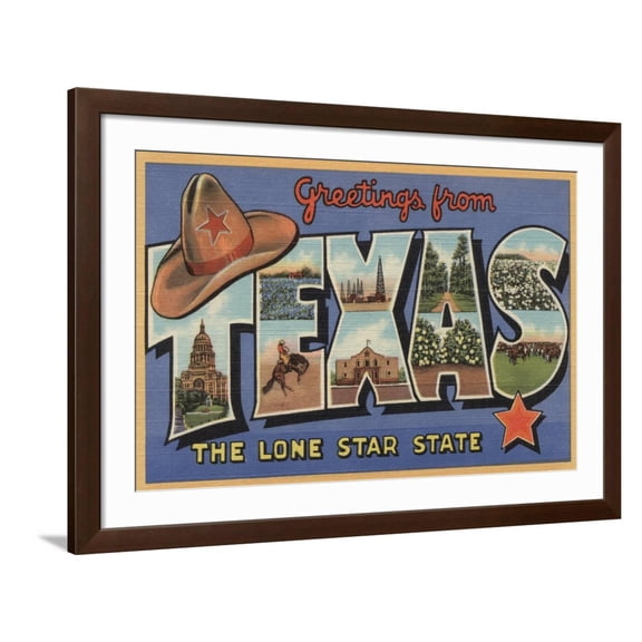 Art.com Texas - Greetings From The Lone Star State Art Print by Lantern Press, Brown Frame Wall Art, 44" x 32"