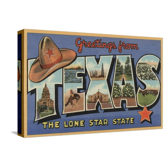 Art.com Texas - Greetings From The Lone Star State Stretched Canvas Print Wall Art by Lantern Press, 18" x 12"