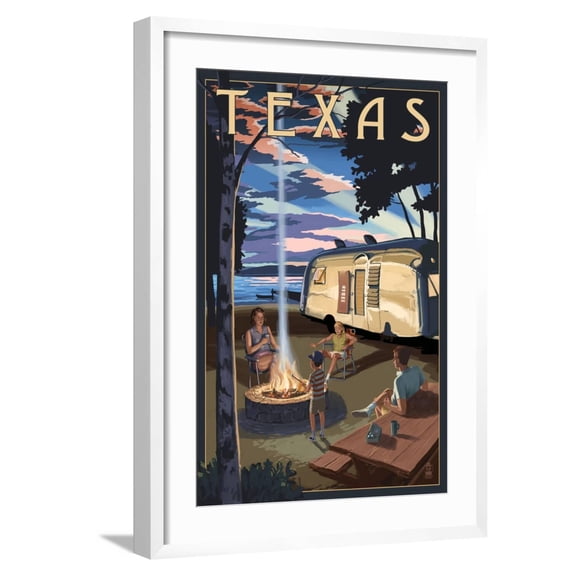 Art.com Texas - Retro Camper and Lake Art Print by Lantern Press, White Frame Wall Art, 21" x 29"
