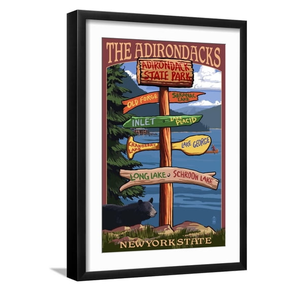 Art.com The Adirondacks, New York State - Sign Destinations Art Print by Lantern Press, Black Frame Wall Art, 17" x 23"