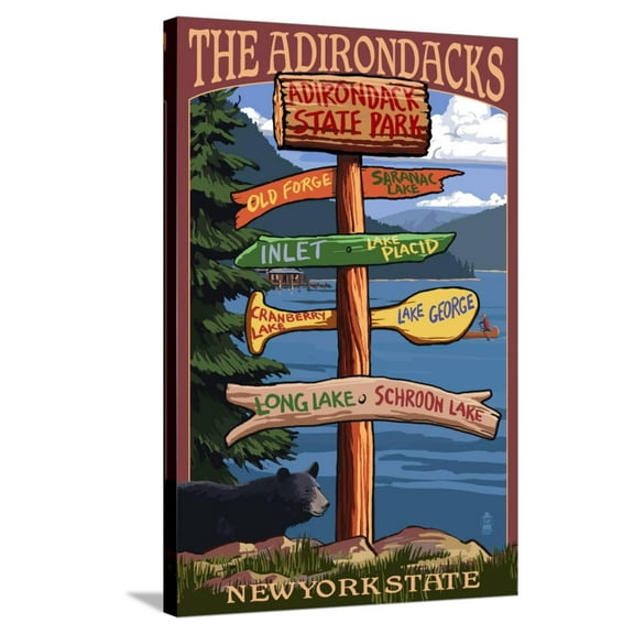 Art.com The Adirondacks, New York State - Sign Destinations Stretched Canvas Print Wall Art by Lantern Press, 24" x 36"