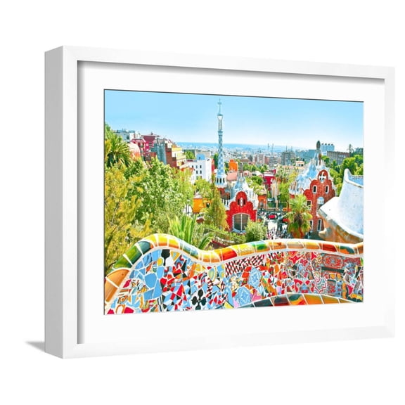 Art.com The Famous Summer Park Guell Over Bright Blue Sky In Barcelona, Spain Art Print by Vladitto, White Frame Wall Art, 21" x 17"