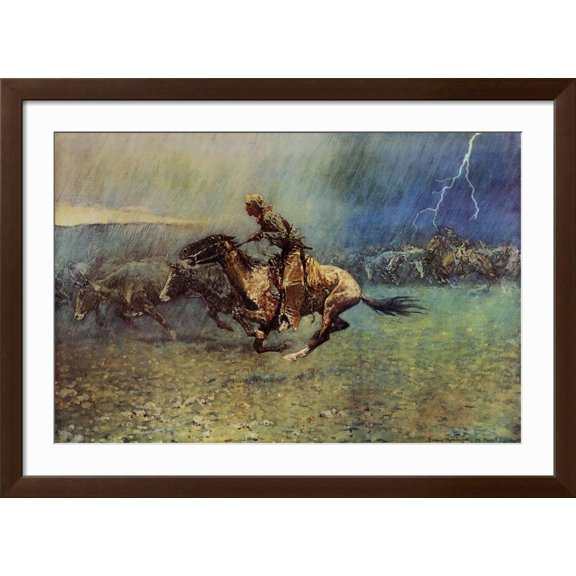 Art.com The Stampede Art Print by Frederic Sackrider Remington, Brown Frame Wall Art, 44" x 32"