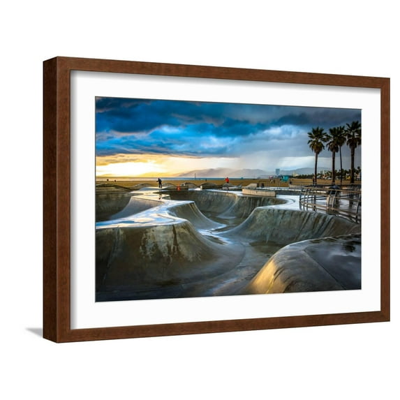 Art.com The Venice Skate Park at Sunset, in Venice Beach, Los Angeles, California. Photographic Print by Jon Bilous, Brown Frame Wall Art, 23" x 17"