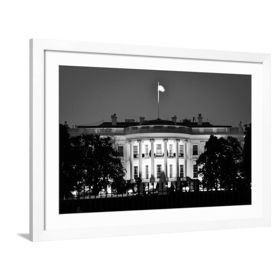 Art.com The White House At Night - Washington Dc, United States - Black And White Art Print by Orhan, White Frame Wall Art, 44" x 32"